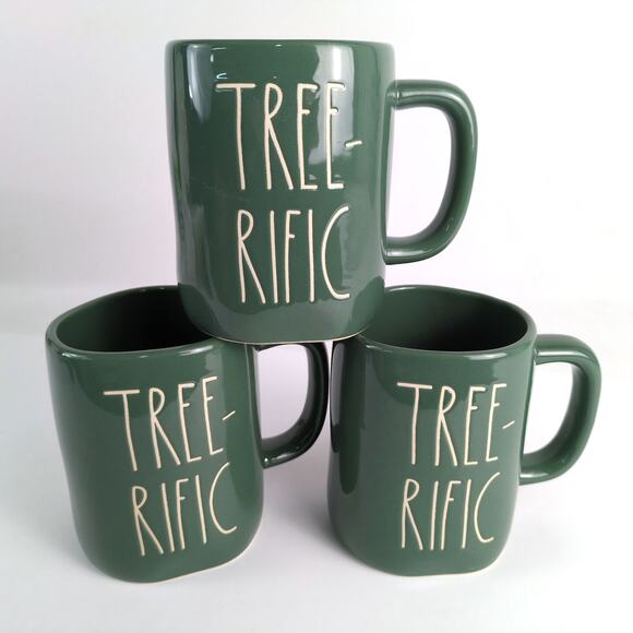 Set of 3 Rae Dunn TREE-RIFIC Summer Camping Coffee Tea Mugs NEW Green Ceramic - Picture 1 of 5
